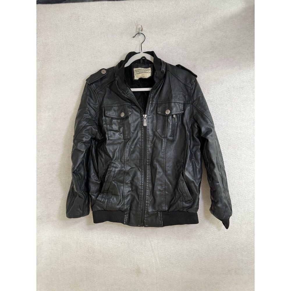 Chor Clothing Co Men’s Small Faux Black Leather Bomber Jacket Zip Pockets Lined
